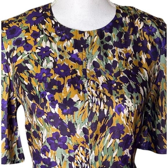 J.McLaughlin Silk Blend Midi Dress Size 0 Purple Floral Abstract Short Sleeve - Picture 5 of 9